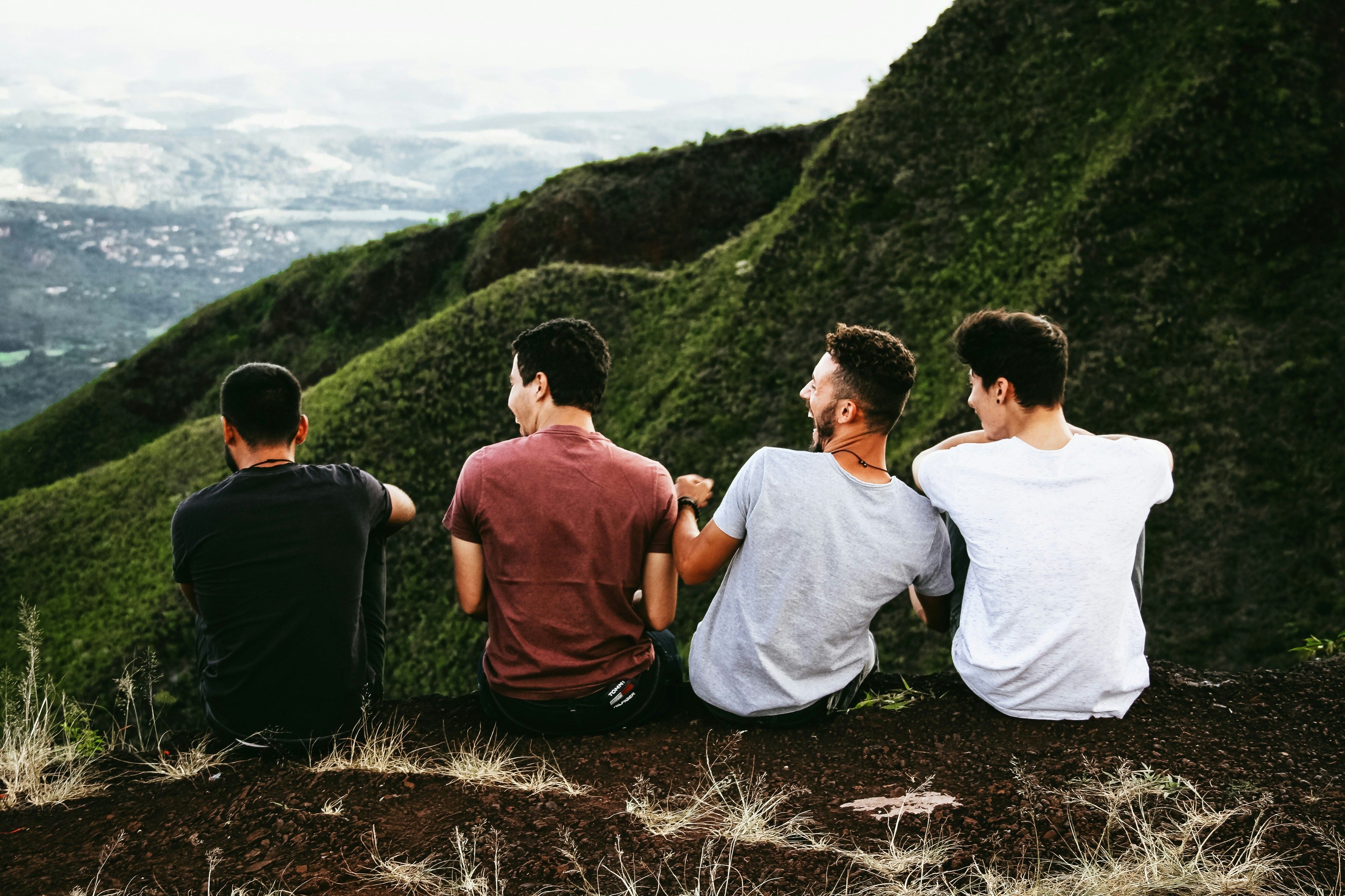 Four young men sit on a green hill, looking at a distant landscape view.